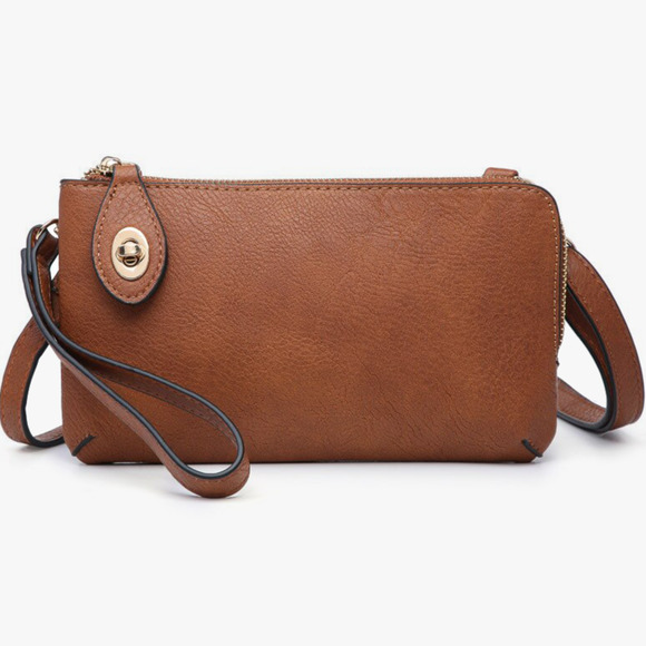 Saddle Brown Crossbody Wristlet Clutch with Twist Lock Closure - Picture 1 of 4